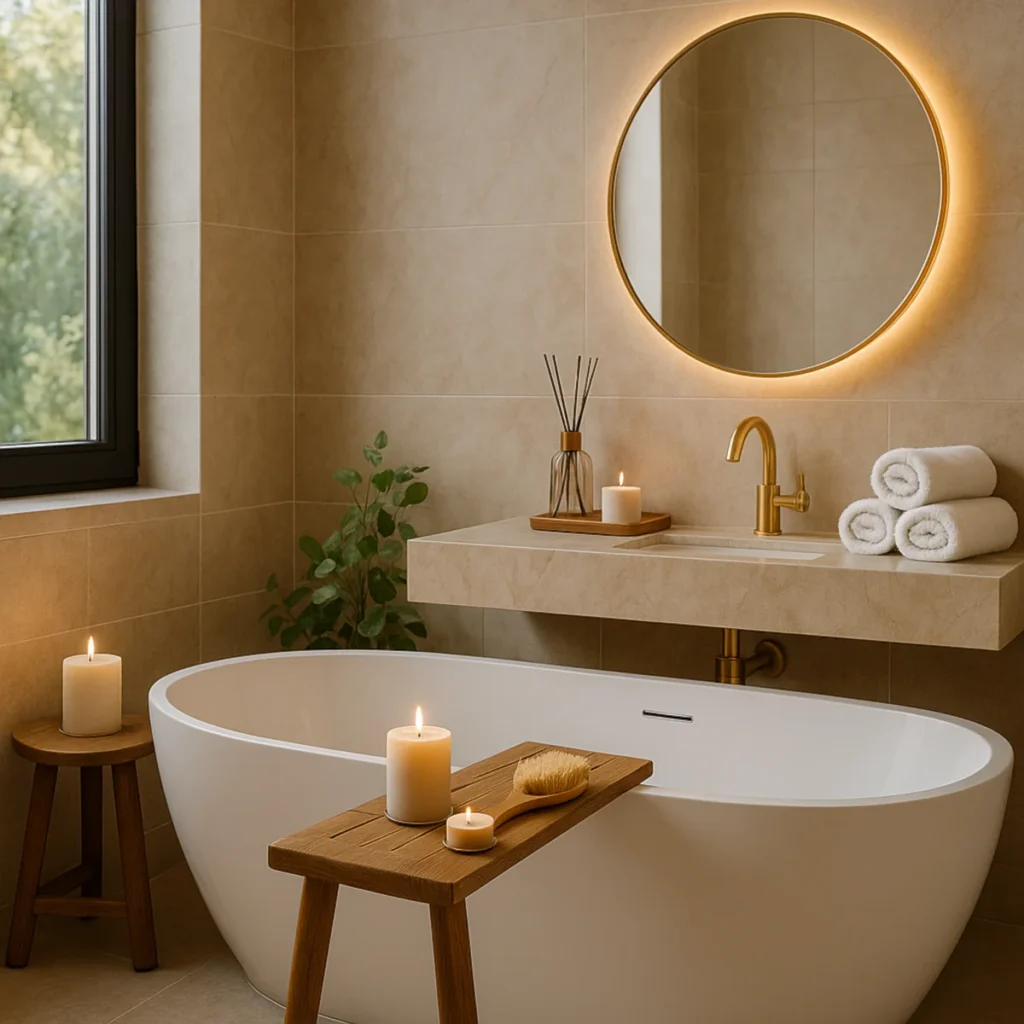 Akcesoria do łazienki – wanna wolnostojąca z tacą, świece, dyfuzor i podświetlane lustro przy złotej baterii.