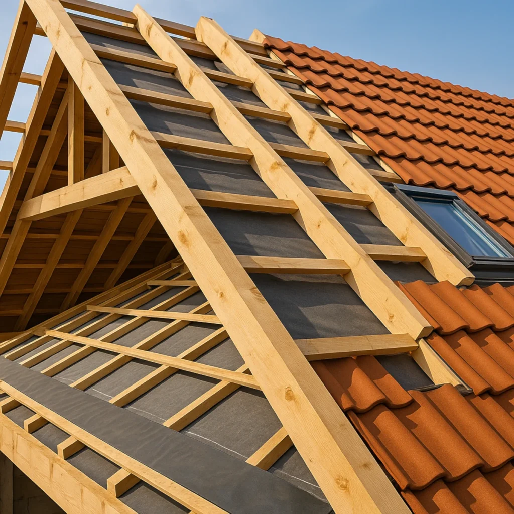 Montaż dachu kopertowego na domu jednorodzinnym – membrana, łaty i krokiew narożna