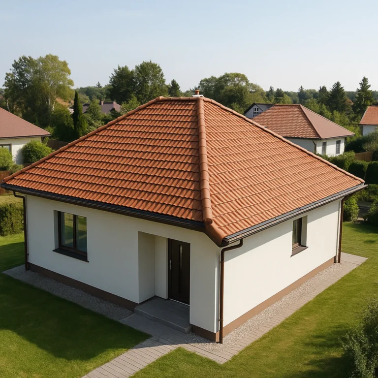 Dach kopertowy na domu jednorodzinnym z dachówką ceramiczną, widok z góry na cztery połacie i krótką kalenicę