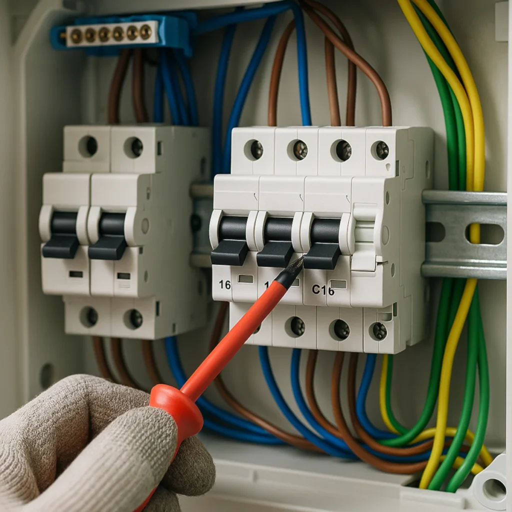 Dobór zabezpieczeń nadprądowych do domu i mieszkania – zbliżenie na rozdzielnicę z MCB i przewodami L/N/PE, ręka elektryka dokręca zacisk.