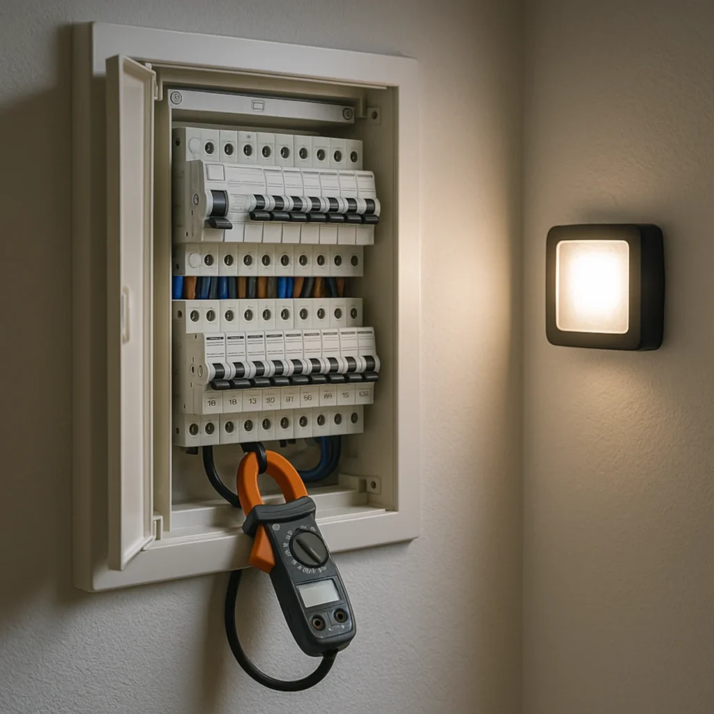 Dobór zabezpieczeń nadprądowych do domu i mieszkania – otwarta rozdzielnica w korytarzu, miernik cęgowy na przewodzie, równy układ MCB i RCD.