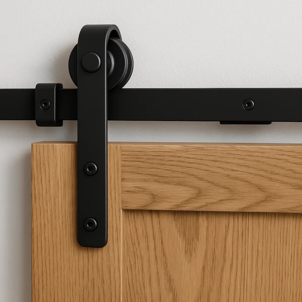 Zbliżenie górnego toru i wózków do drzwi przesuwnych naściennych, czarne okucia na białej ścianie