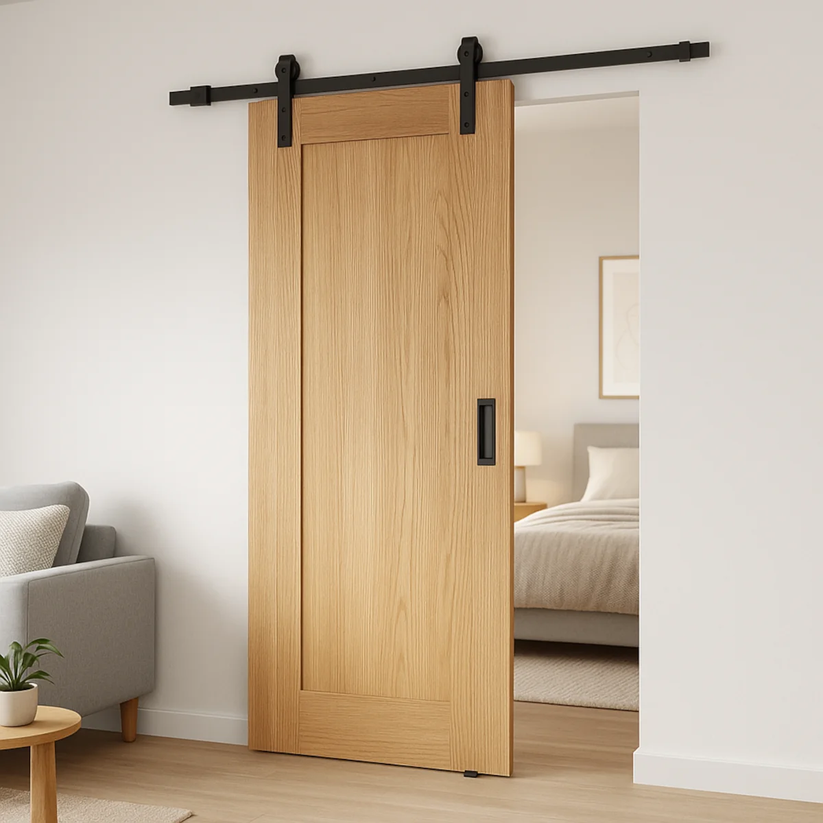 Drzwi przesuwne naścienne w salonie – skrzydło dębowe na czarnej prowadnicy z prowadnikiem dolnym