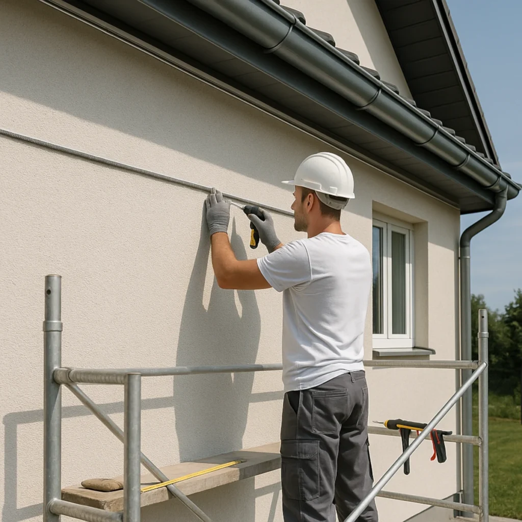 Zbliżenie na pionową Dylatację na elewacji w systemie ETICS: profil PVC z siatką, sznur PE i elastyczna masa uszczelniająca. Detal przy ościeżu okna oraz parapecie z okapnikiem, realistyczna faktura tynku.