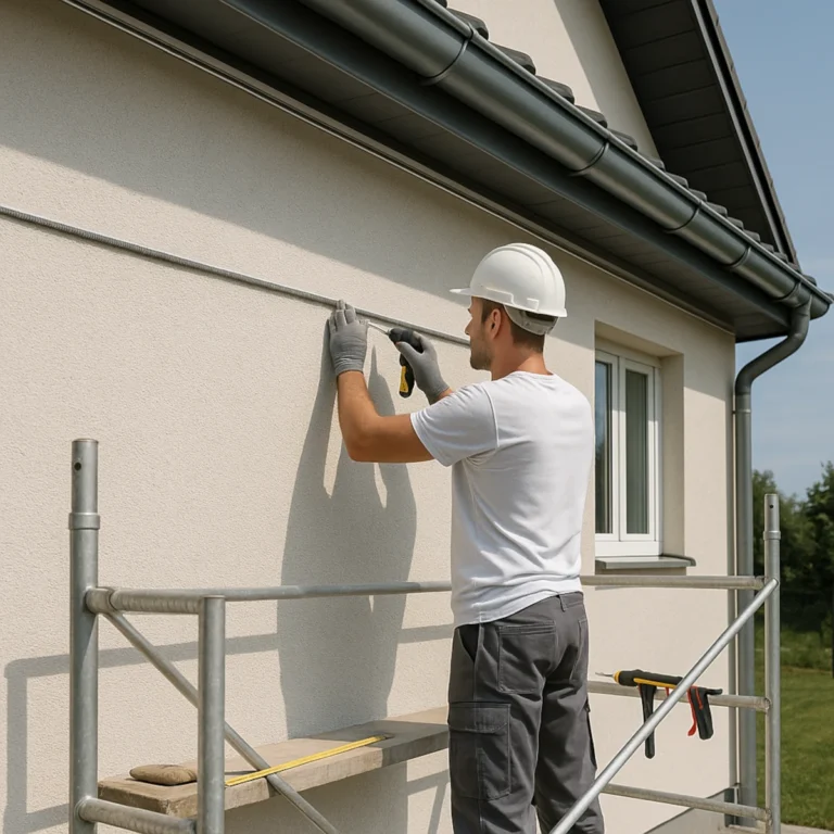 Zbliżenie na pionową Dylatację na elewacji w systemie ETICS: profil PVC z siatką, sznur PE i elastyczna masa uszczelniająca. Detal przy ościeżu okna oraz parapecie z okapnikiem, realistyczna faktura tynku.