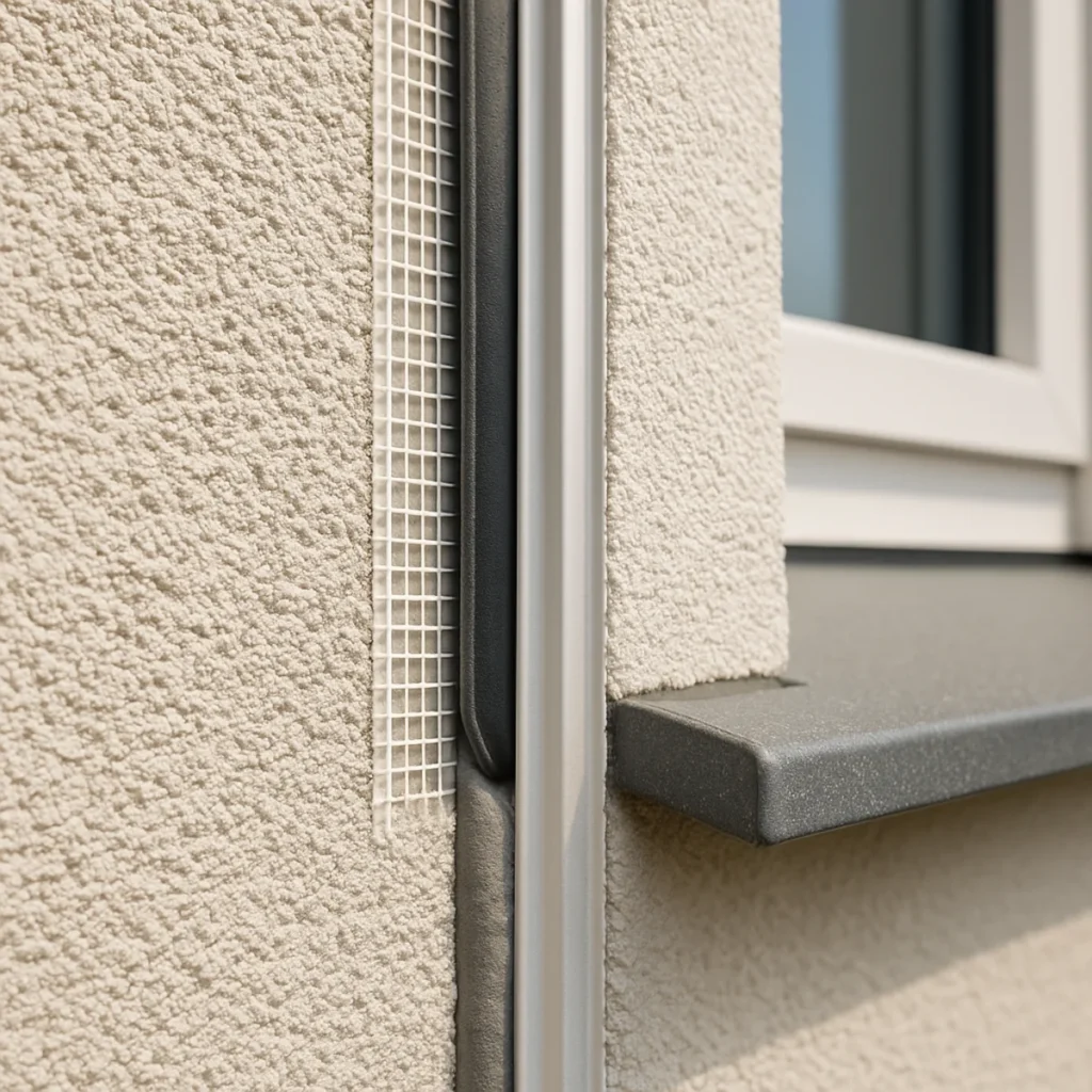 Dylatacja na elewacji przy oknie – pionowy profil z siatką i elastyczną spoiną w tynku cienkowarstwowym ETICS