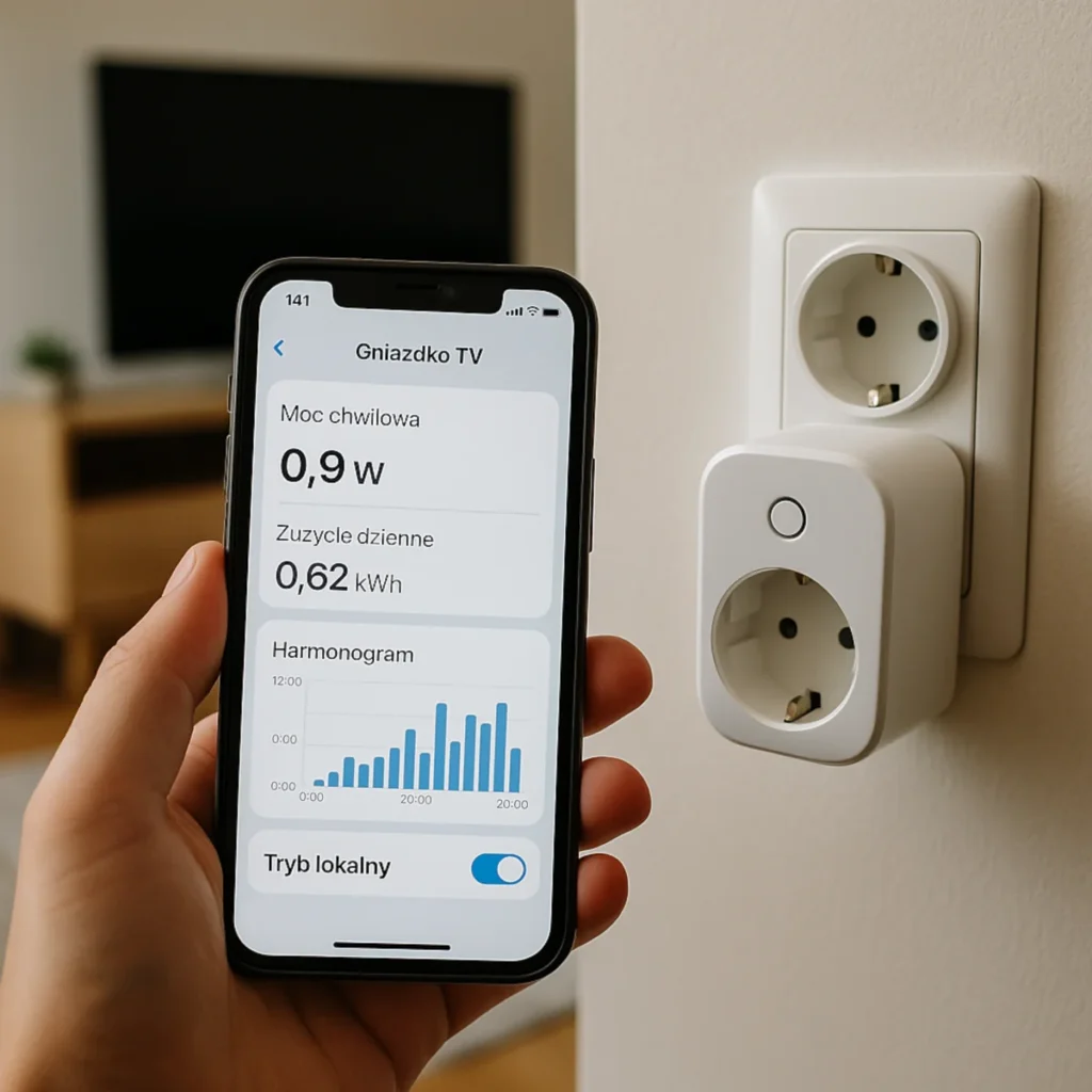Gniazdko WiFi przy telewizorze – pomiar mocy 0,9 W i harmonogram w aplikacji