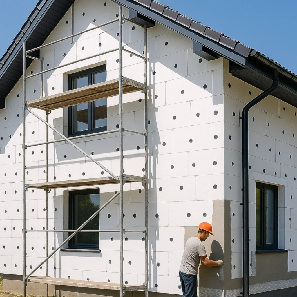 Elewacja domu ocieplona płytami EPS z kołkami przed tynkowaniem – grubość styropianu na ściany zewnętrzne.