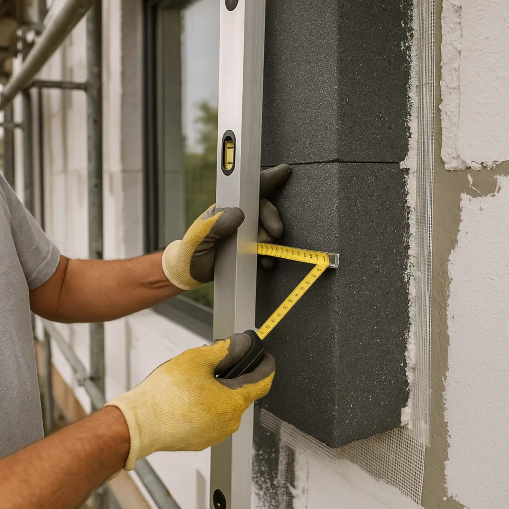 Pomiar grubości styropianu grafitowego na elewacji przy oknie – grubość styropianu na ściany zewnętrzne w praktyce montażu.