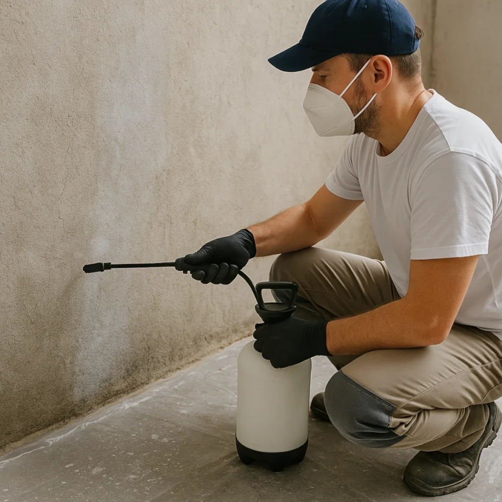 Grunt głęboko penetrujący nanoszony natryskiem z opryskiwacza na surowy tynk, wykonawca w rękawicach i maseczce