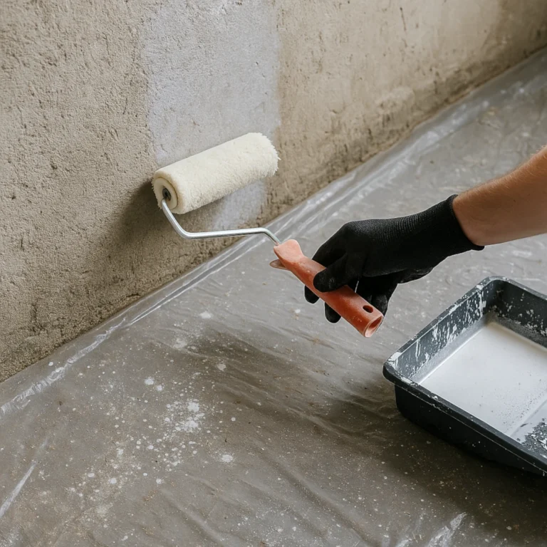 Grunt głęboko penetrujący nakładany wałkiem na chropowitą ścianę, zachlapana folia i kuweta z preparatem