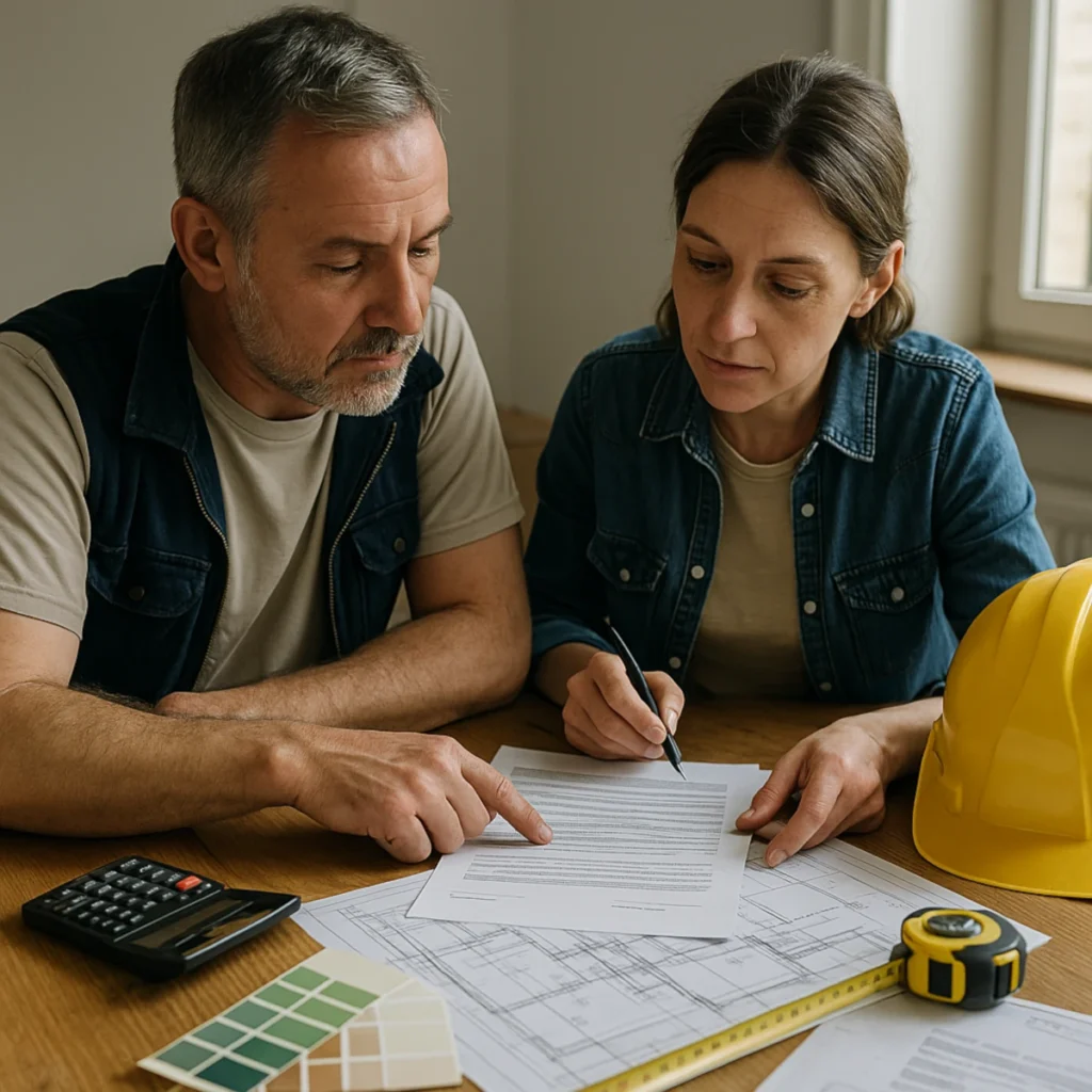 Jak wybrać i rozliczać ekipę remontową, by nie przepłacić – inwestor i wykonawca analizują umowę, kosztorys i harmonogram na stole