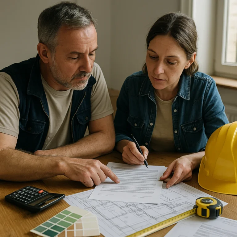 Jak wybrać i rozliczać ekipę remontową, by nie przepłacić – inwestor i wykonawca analizują umowę, kosztorys i harmonogram na stole