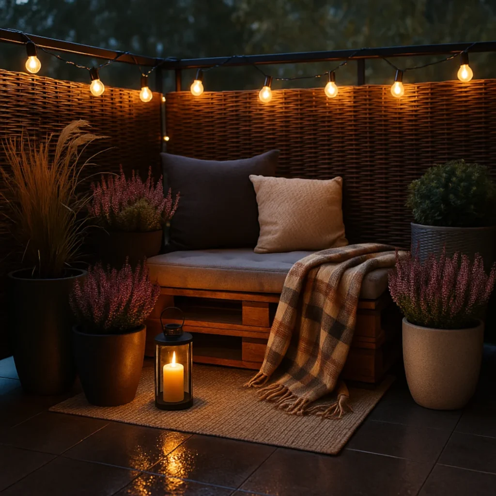 Jesienne dekoracje na balkon – girlanda LED 2700K, wrzosy i lampiony przy siedzisku z palet