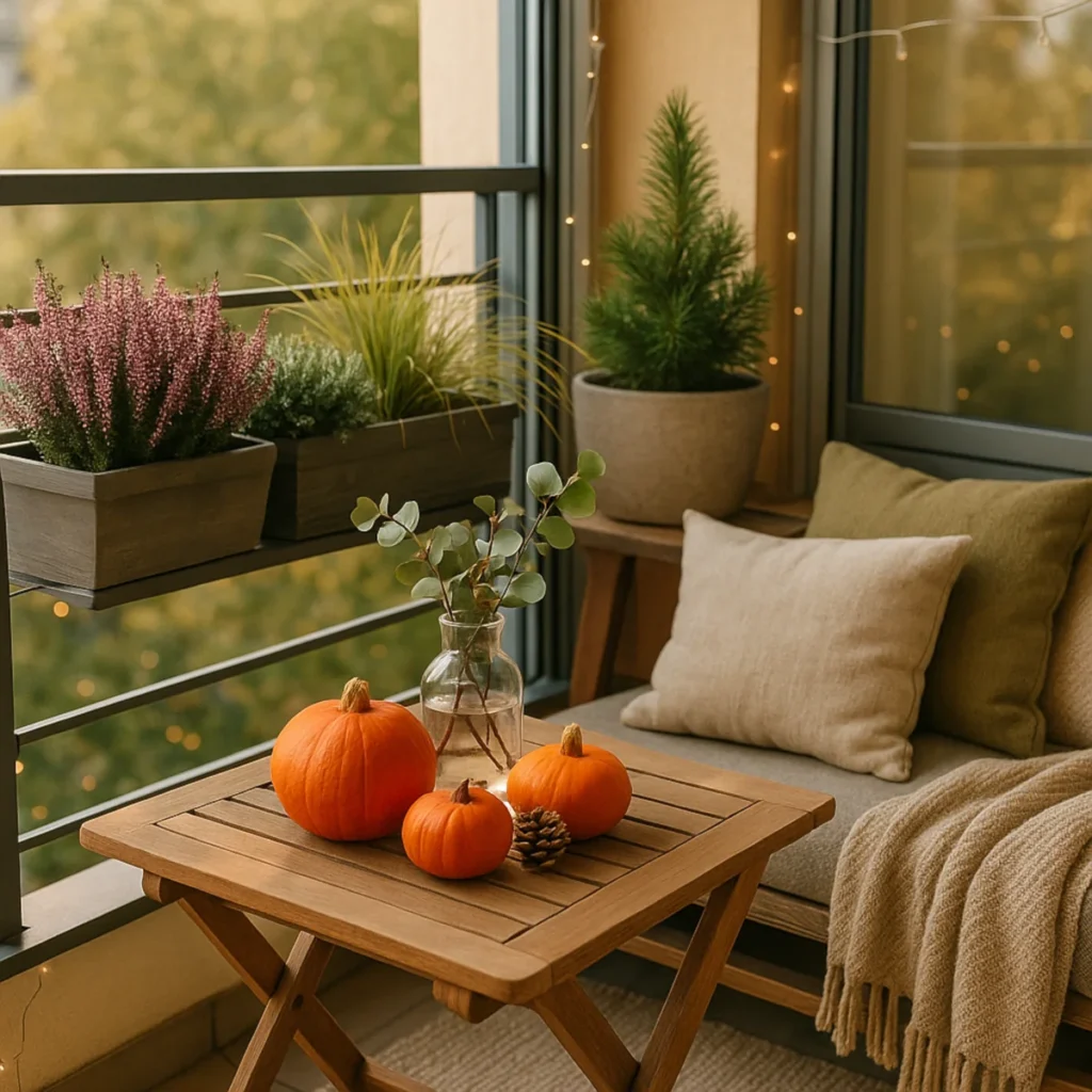 Jesienne dekoracje na balkon – loggia scandi-boho z wrzosami, hebe, trawami i dyniami na stoliku