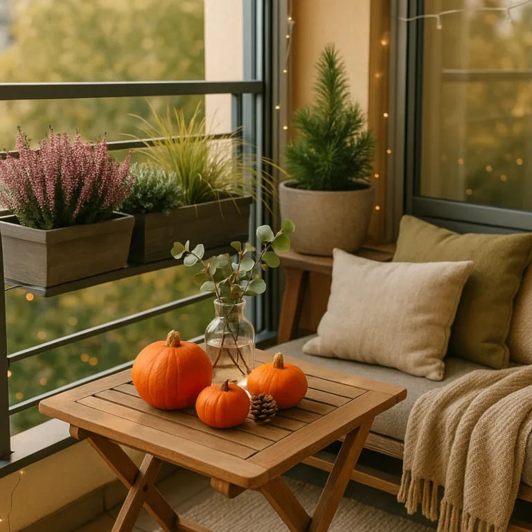 Jesienne dekoracje na balkon – loggia scandi-boho z wrzosami, hebe, trawami i dyniami na stoliku
