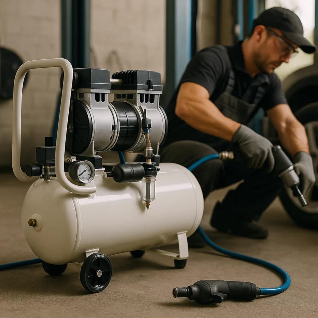 Kompresor bezolejowy dwutłokowy z mechanikiem używającym klucza pneumatycznego