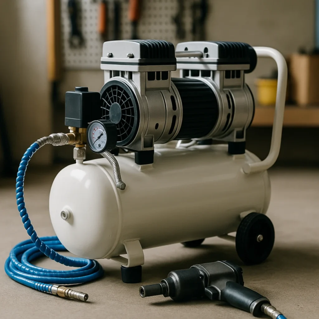 Kompresor bezolejowy dwutłokowy w garażu z wężem i kluczem pneumatycznym