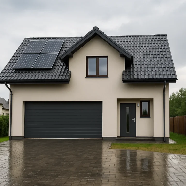Koszt ubezpieczenia domu rocznie – nowoczesny dom po deszczu, szeroka brama garażowa i panele PV na dachu.