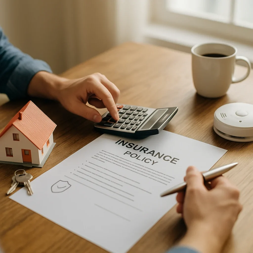 Koszt ubezpieczenia domu rocznie – kalkulacja składki przy umowie, model domu, kalkulator i klucze na stole.