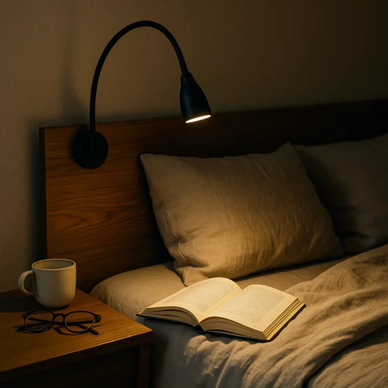 lampka do czytania w łóżku z kinkietem 2700k oświetlającym otwartą książkę