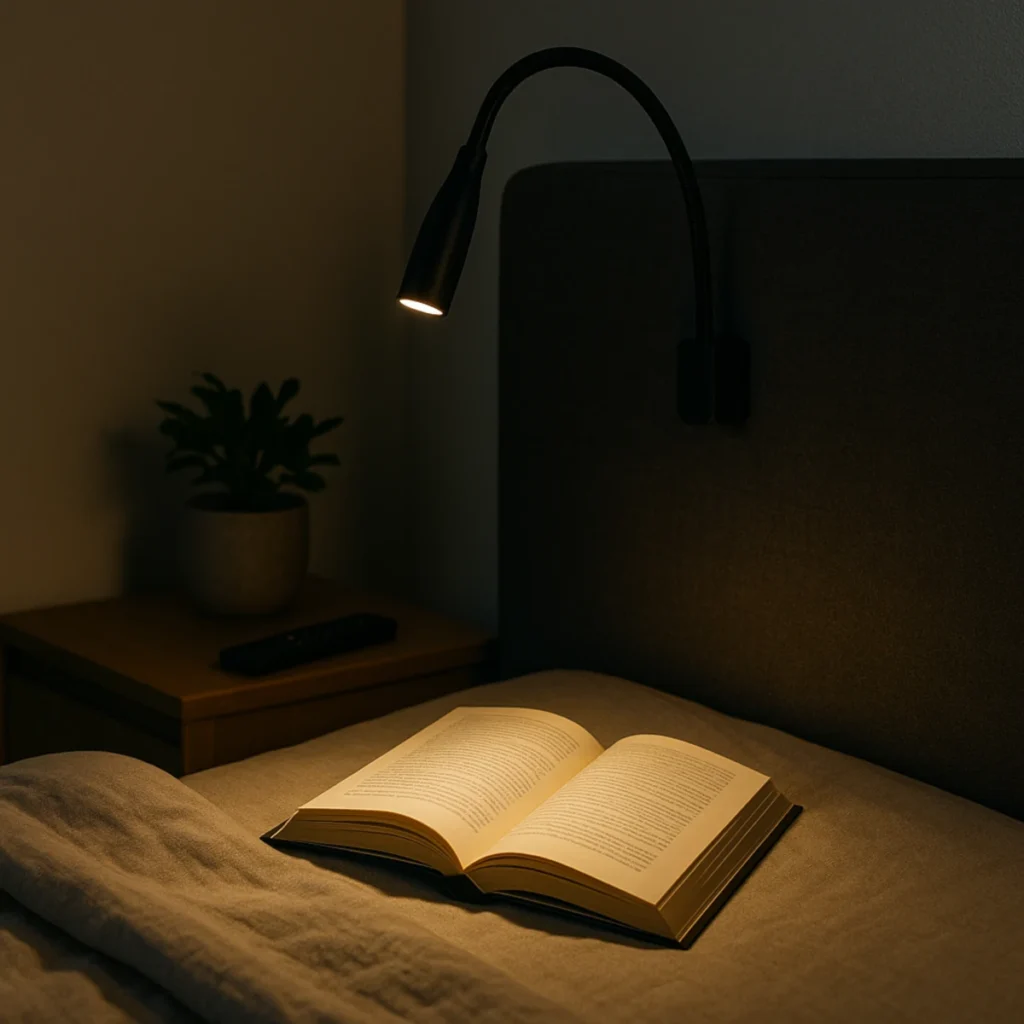 lampka do czytania w łóżku na klipsie przy wezgłowiu z ciepłym światłem