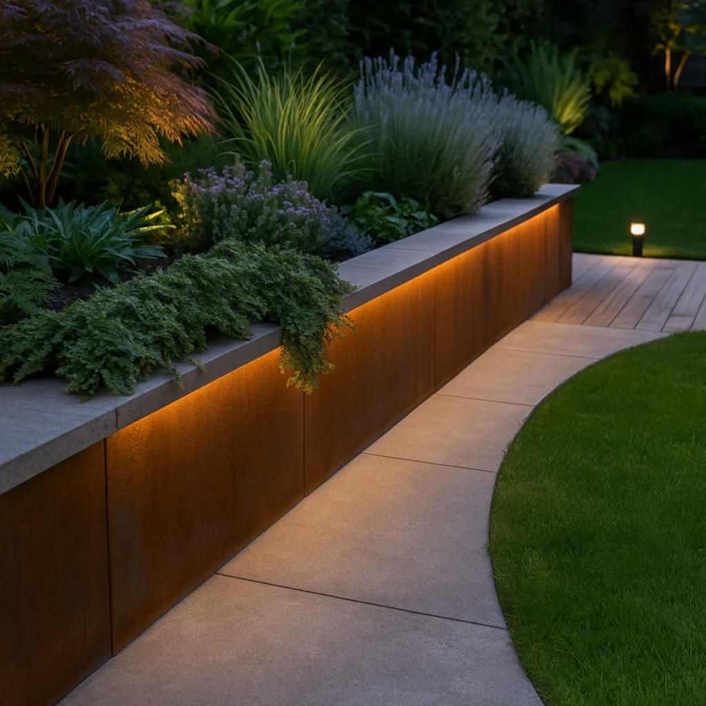 murek oporowy w ogrodzie z wykończeniem „corten look” i LED, rabaty z trawami ozdobnymi przy tarasie