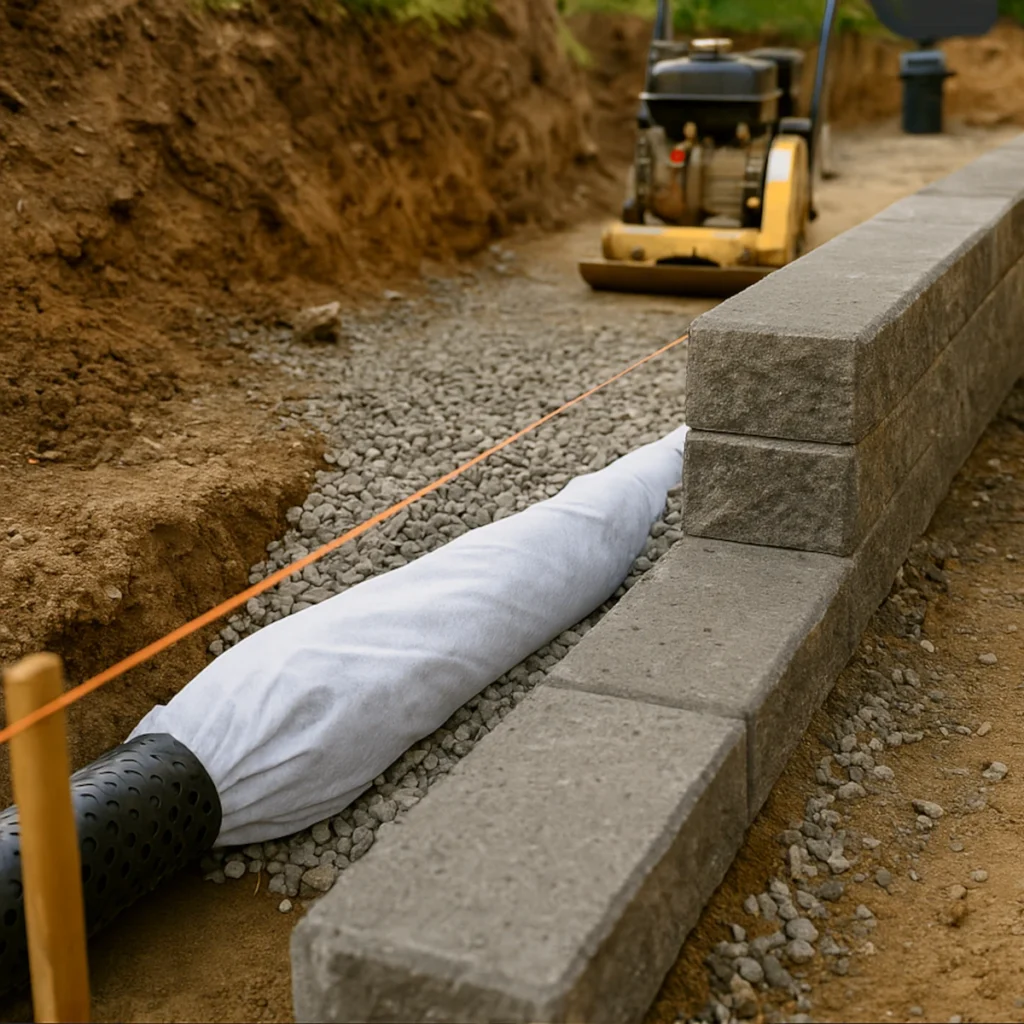 murek oporowy w ogrodzie z drenażem i geowłókniną podczas budowy, układanie pierwszej warstwy bloczków na podsypce