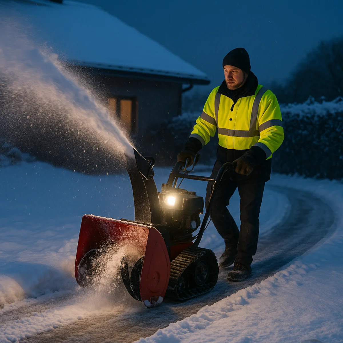 Odśnieżarka spalinowa na gąsienicach – praca na pochyłym, oblodzonym podjeździe