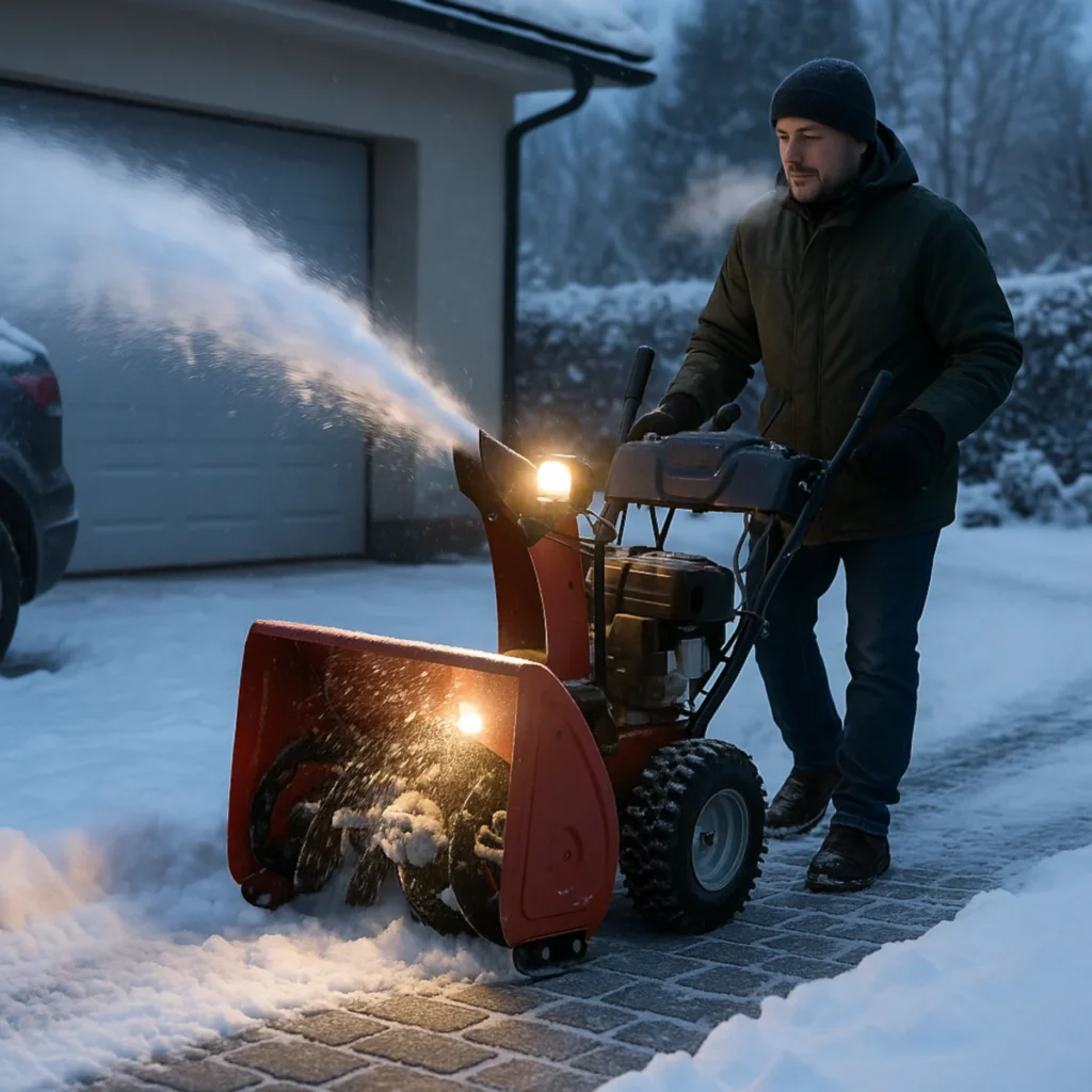 Odśnieżarka spalinowa na podjeździe z kostki – odśnieżanie o świcie
