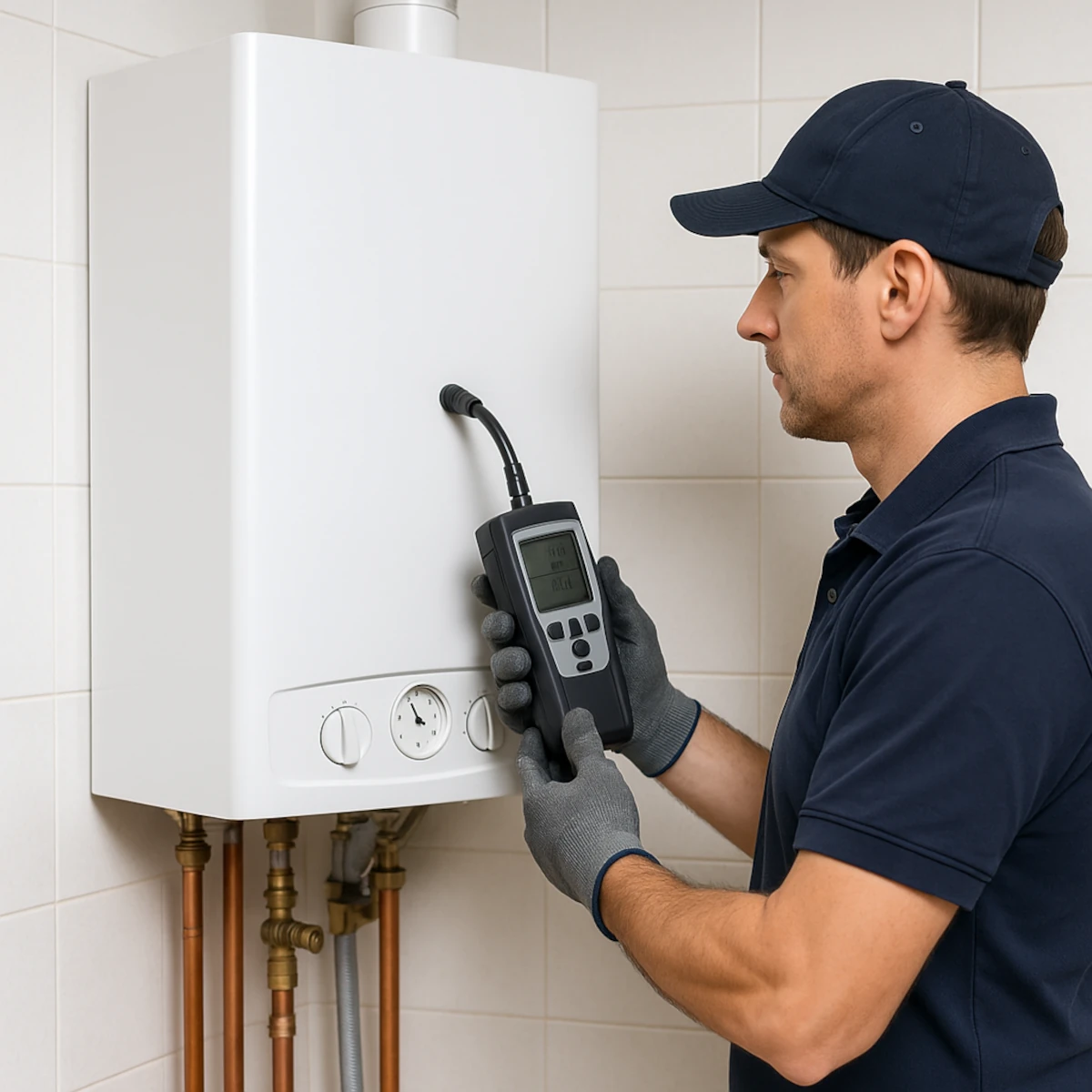 Przegląd piecyka gazowego – zamknięty kocioł, serwisant mierzy spaliny analizatorem