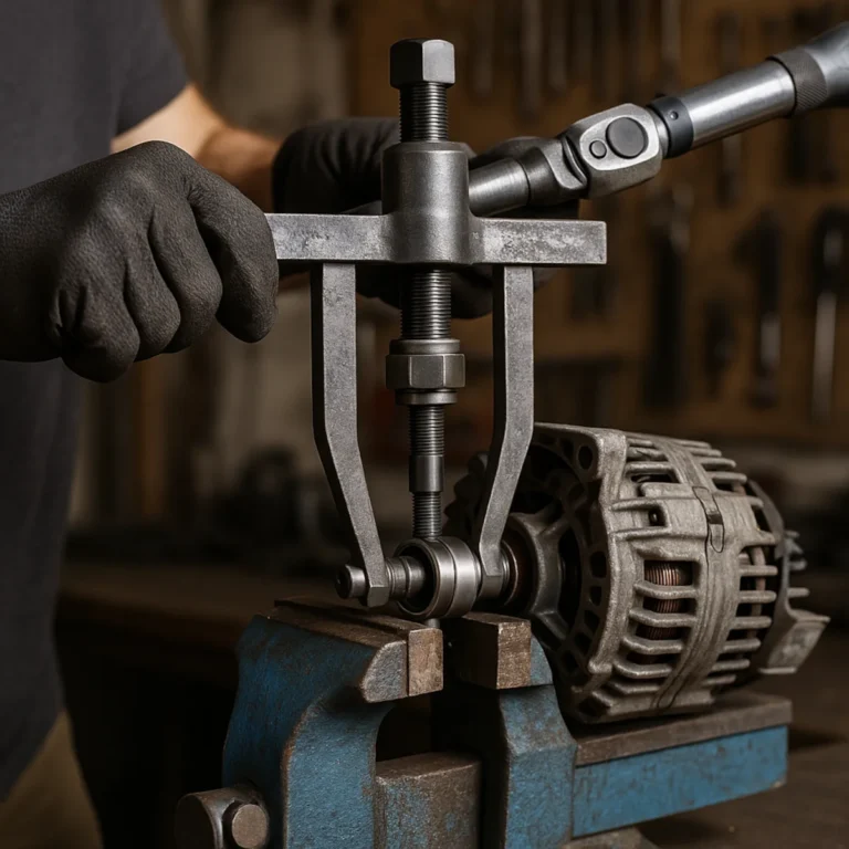 ściągacz do łożysk wewnętrznych na alternatorze w imadle – mostek z śrubą pociągową