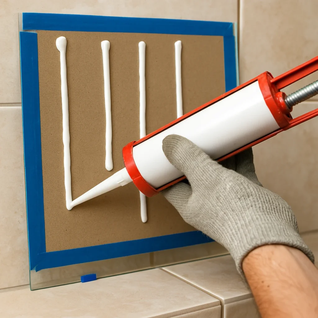 Silikon neutralny do luster nakładany pionowymi pasami na tył lustra, dystanse 2–3 mm i taśma malarska na płytkach