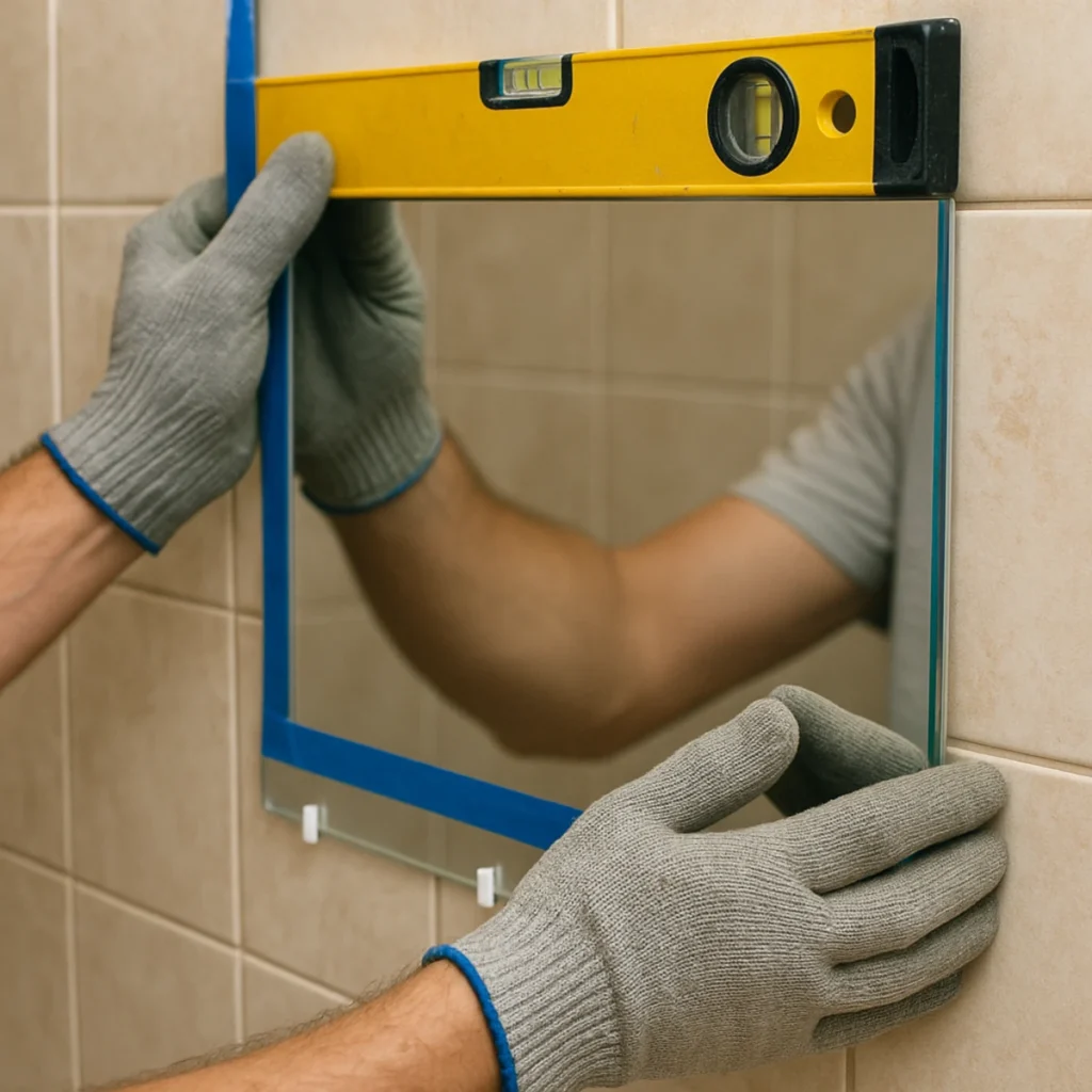 Montaż lustra na silikon neutralny – poziomica, taśma malarska i dystanse na ścianie z płytek.