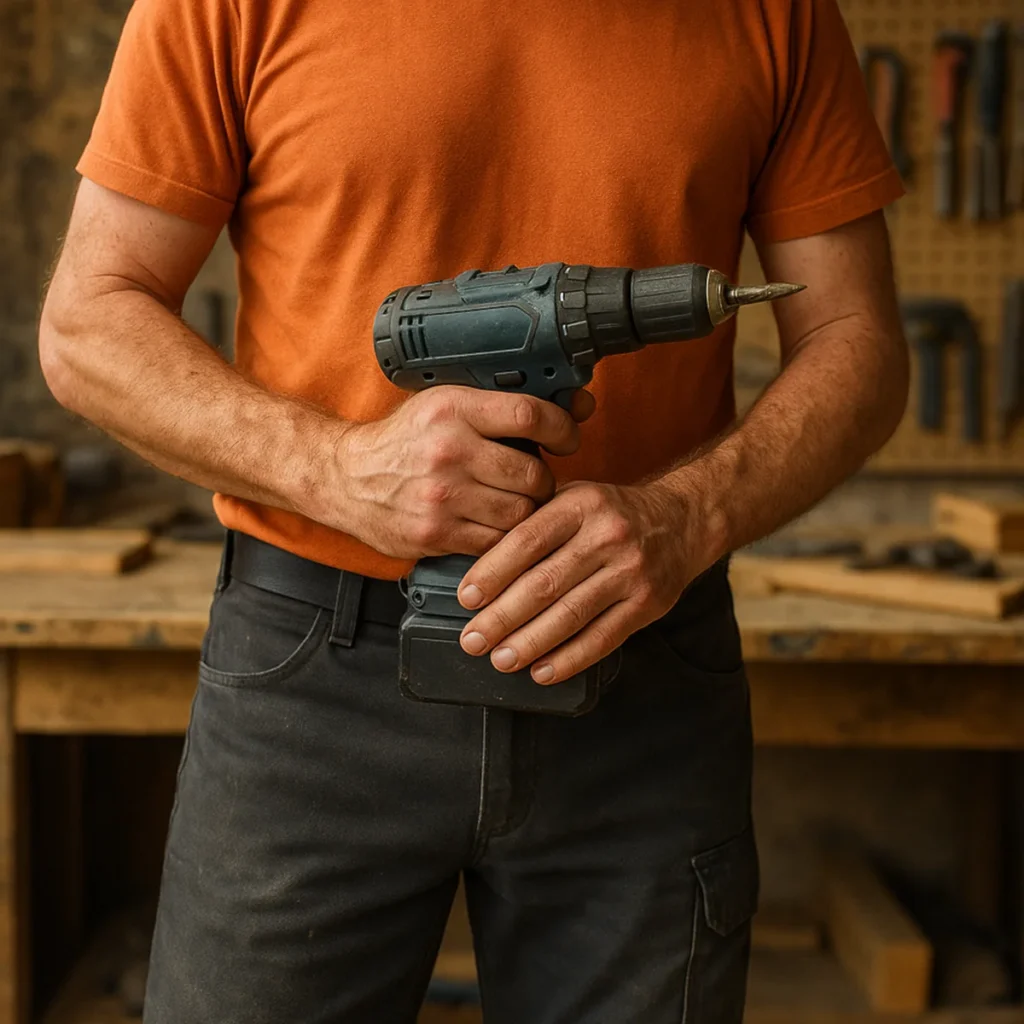 Spodnie robocze męskie w warsztacie – mężczyzna z wkrętarką