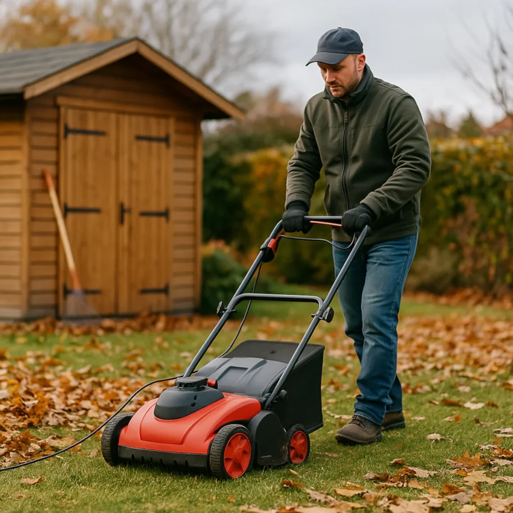 Sprzęt ogrodowy na jesień – aeracja trawnika i ostatnie koszenie 4–5 cm, liście zgrabione przy altanie