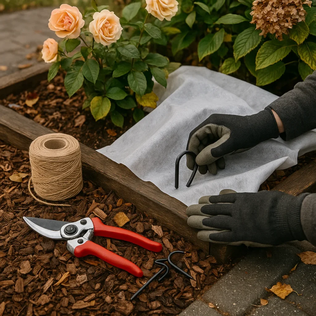 Sprzęt ogrodowy na jesień – okrywanie rabat agrowłókniną 30–50 g/m², szpilki, sekator i mulcz kory