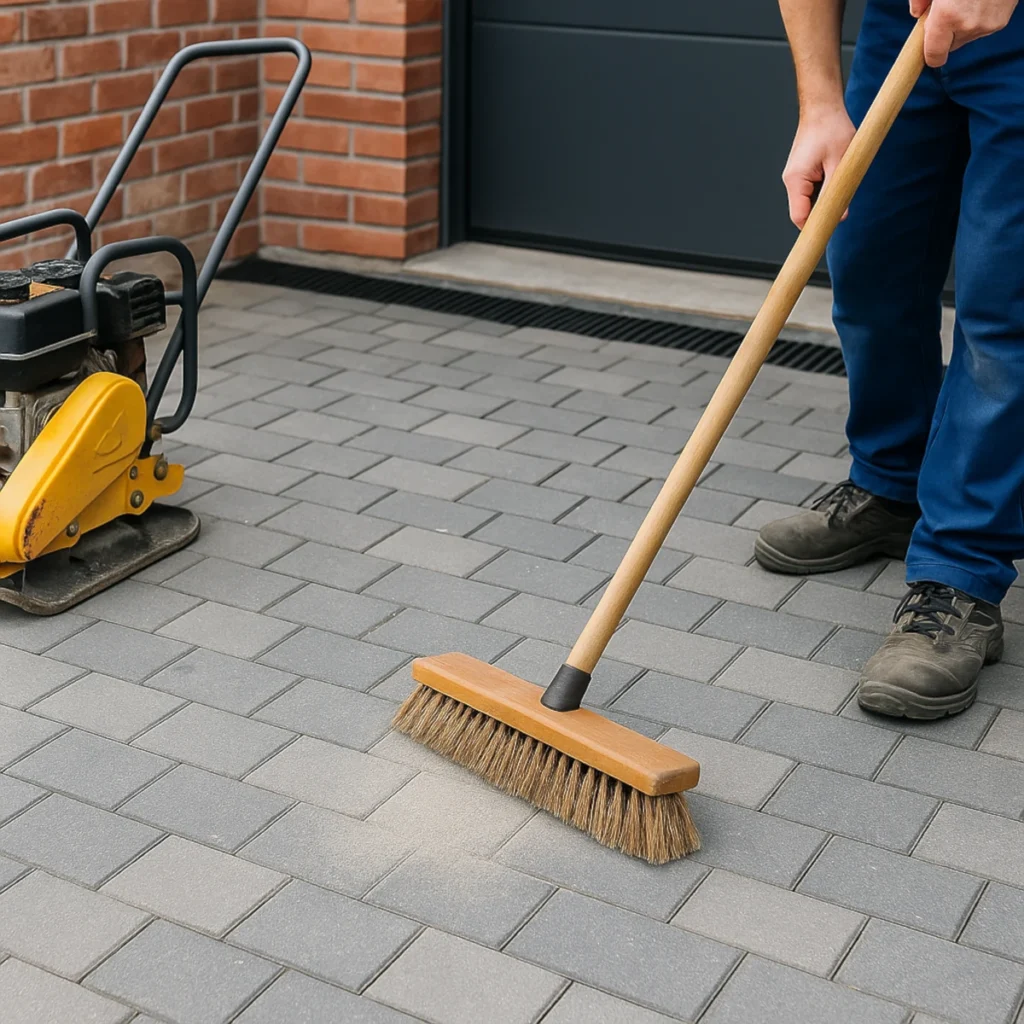 Zamiatanie piasku w fugi i układanie kostki brukowej na podjazd przy garażu z odwodnieniem liniowym i płytą wibracyjną z matą.