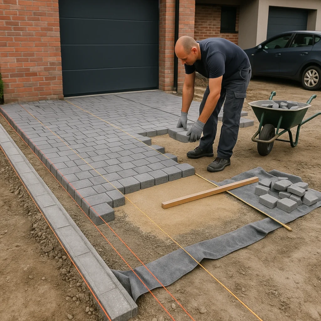 Montaż i układanie kostki brukowej na podjazd na podsypce z niwelacją, linkami wytyczającymi, geowłókniną i obrzeżami w betonie.