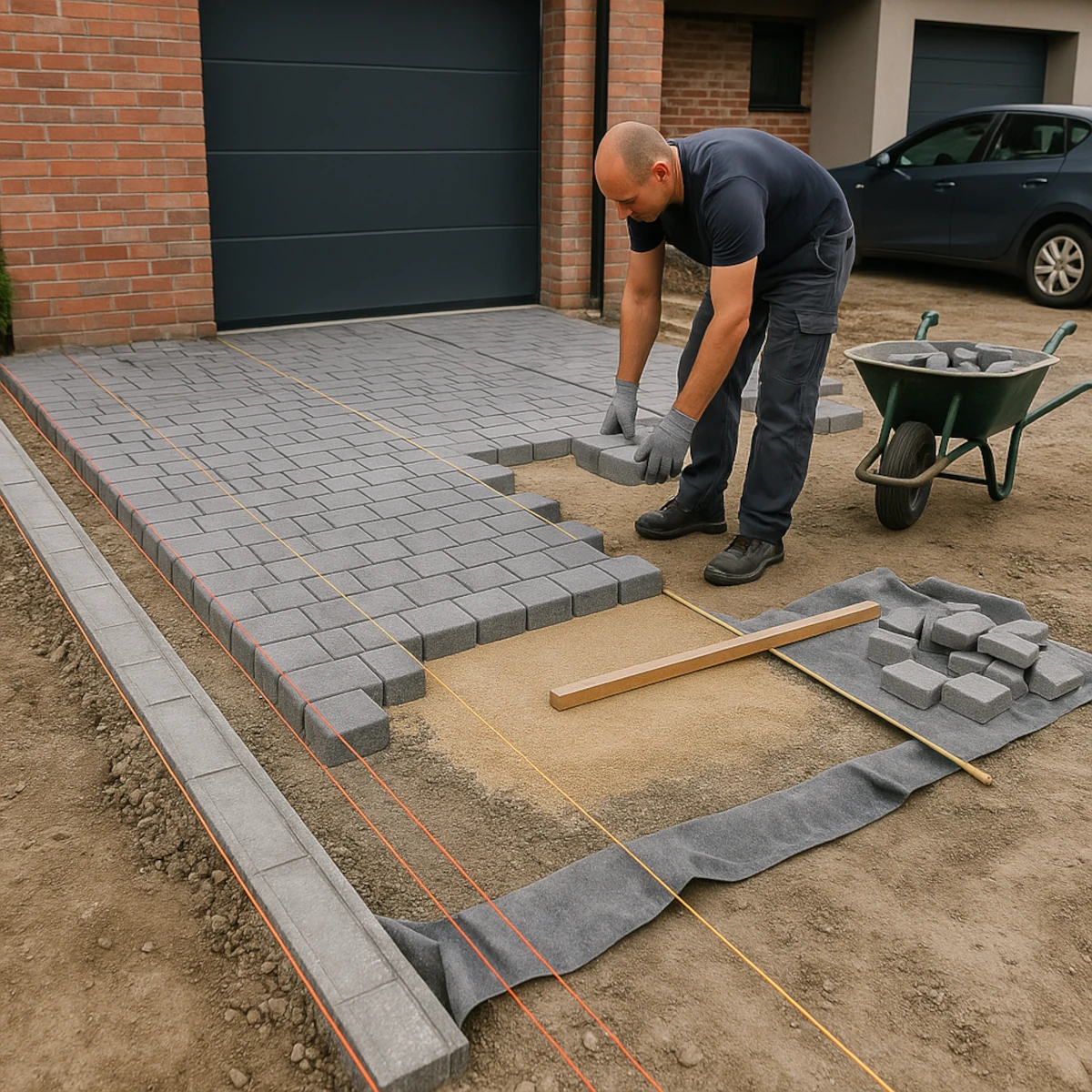Montaż i układanie kostki brukowej na podjazd na podsypce z niwelacją, linkami wytyczającymi, geowłókniną i obrzeżami w betonie.