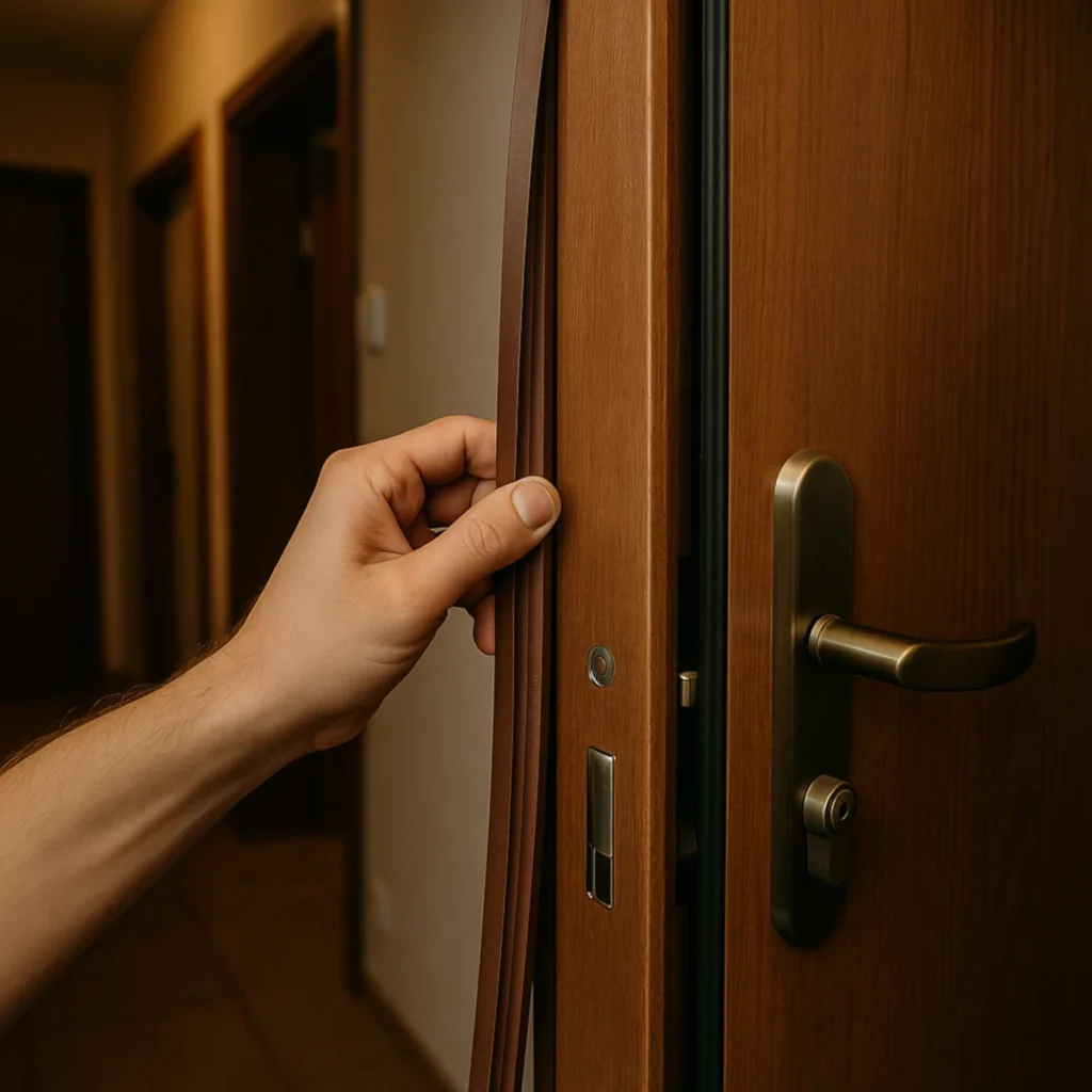 Realne zbliżenie na montaż uszczelki akustycznej w drzwiach wejściowych – wyciszenie mieszkania w bloku