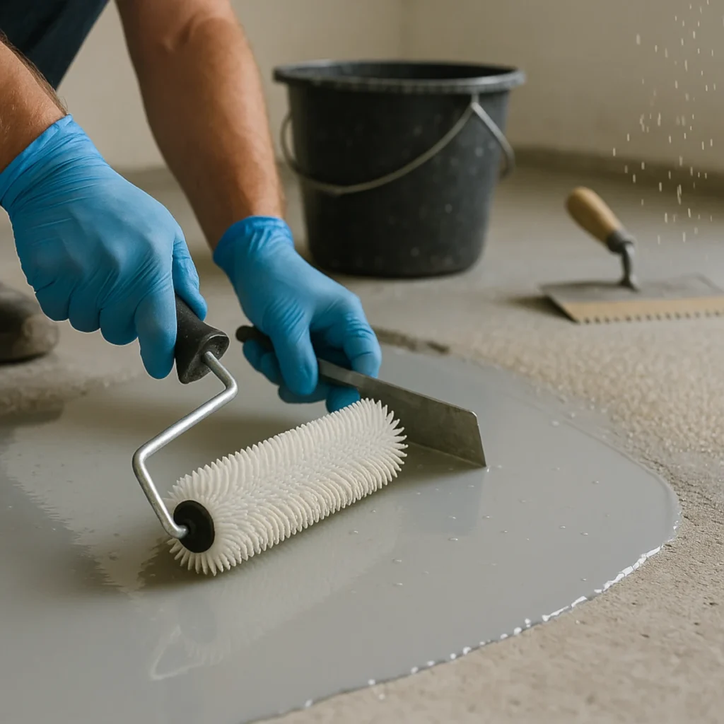 Aplikacja żywicy epoksydowej na podłogę wałkiem kolcowym