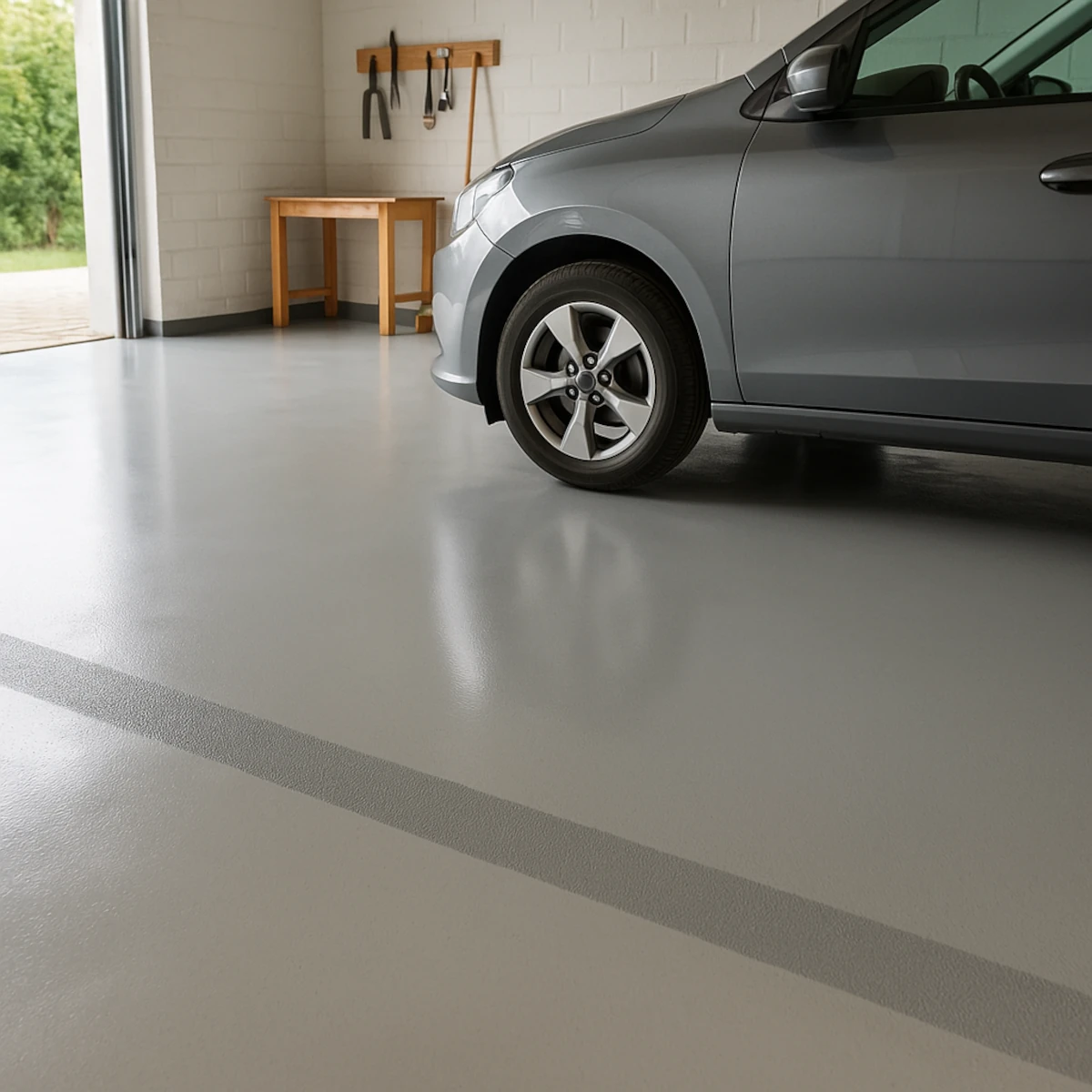 Żywica epoksydowa na podłogę w garażu – półmat, pas antypoślizgowy