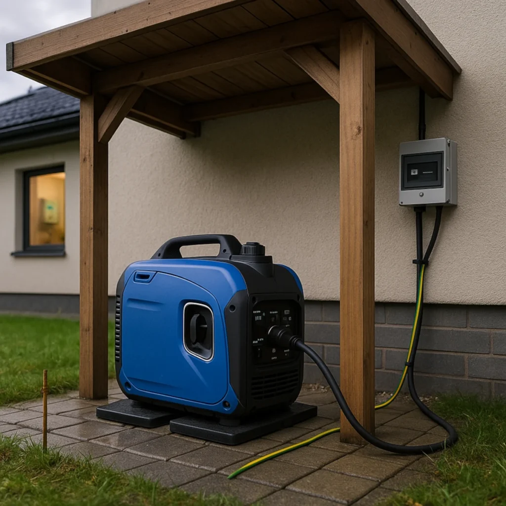 Agregat prądotwórczy do domu podłączony przez przełącznik sieć–agregat w zadaszeniu ogrodowym