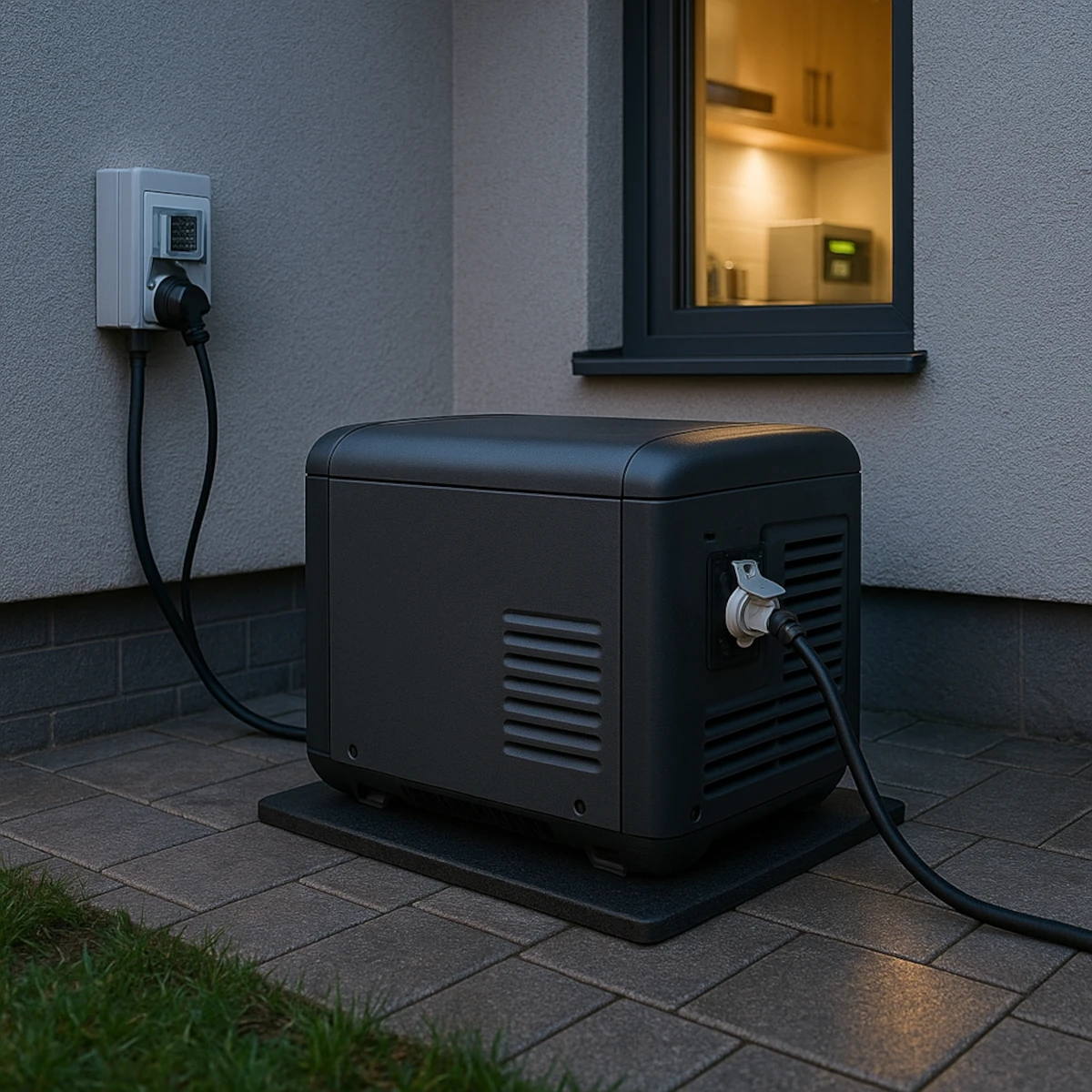 Cichy agregat prądotwórczy do domu inwerterowy przy tarasie, zasilający sterownik CO i lodówkę