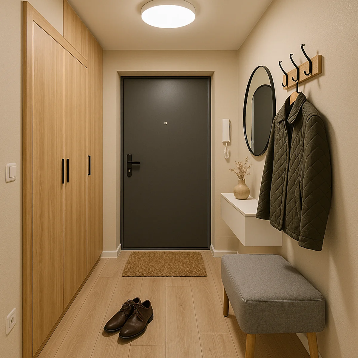 Wąski przedpokój w bloku z drewnianą szafą, ciemnymi drzwiami i ławką