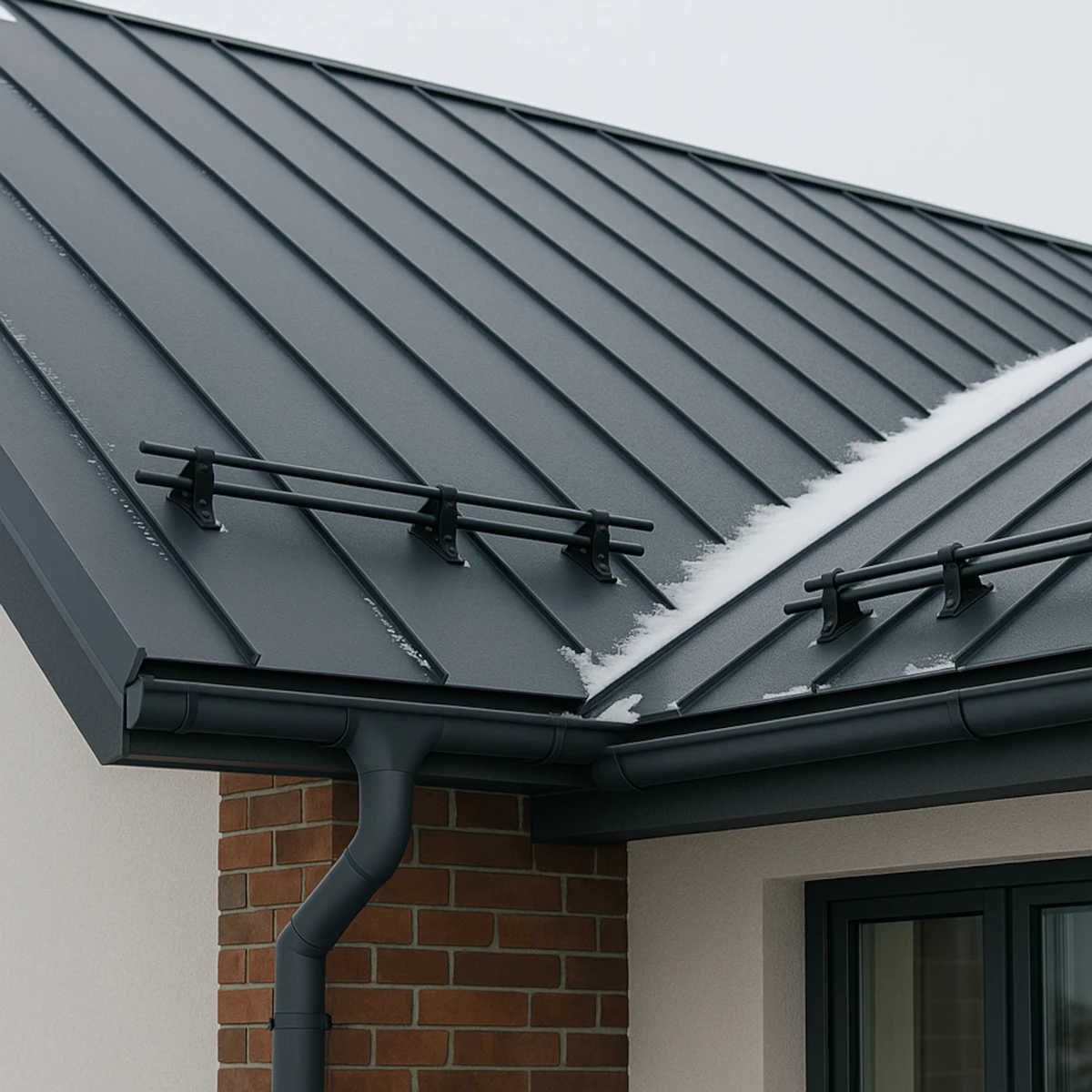 Blacha na rąbek stojący – detal okapu z wiatrownicą, rynną i śniegołapami na grafitowym dachu.