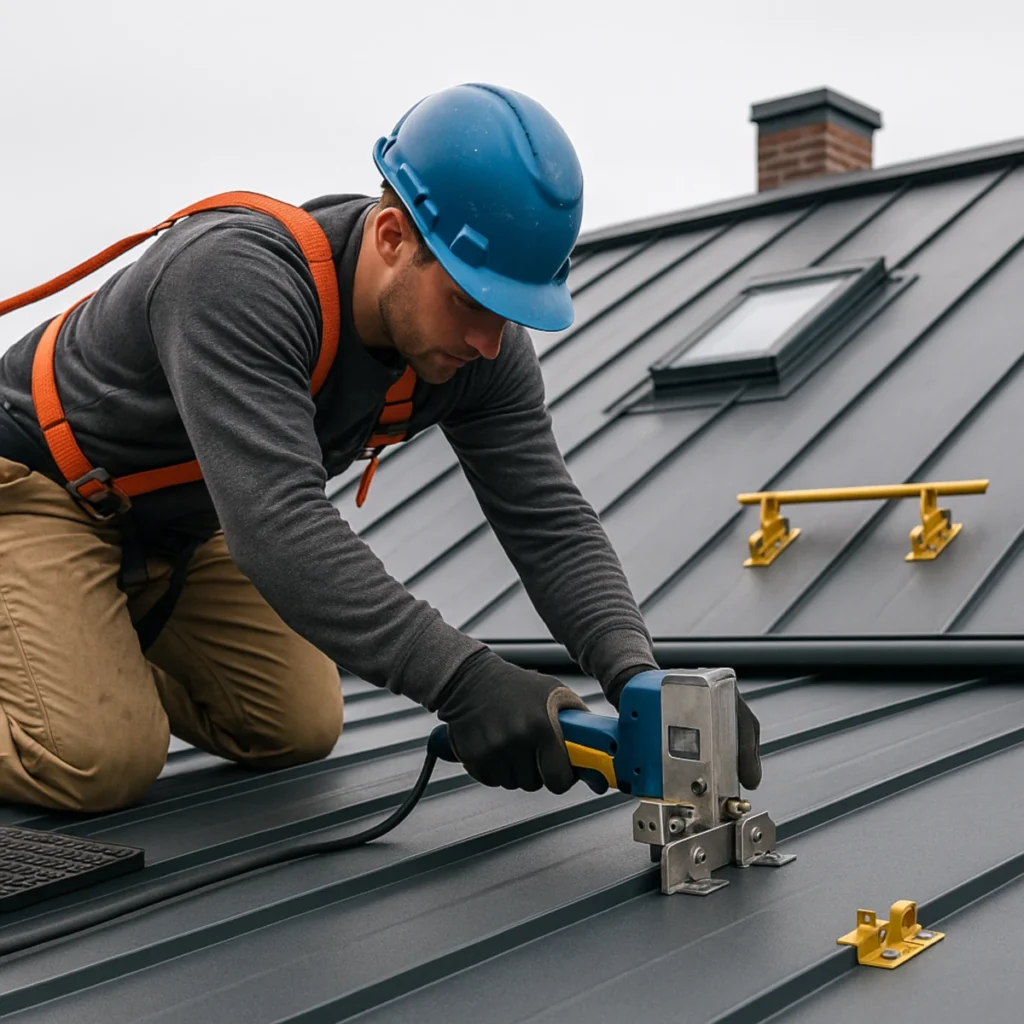 Blacha na rąbek stojący – dekarz zagniata rąbek podwójny na grafitowej połaci, z uprzężą i narzędziem do zamek-seam.