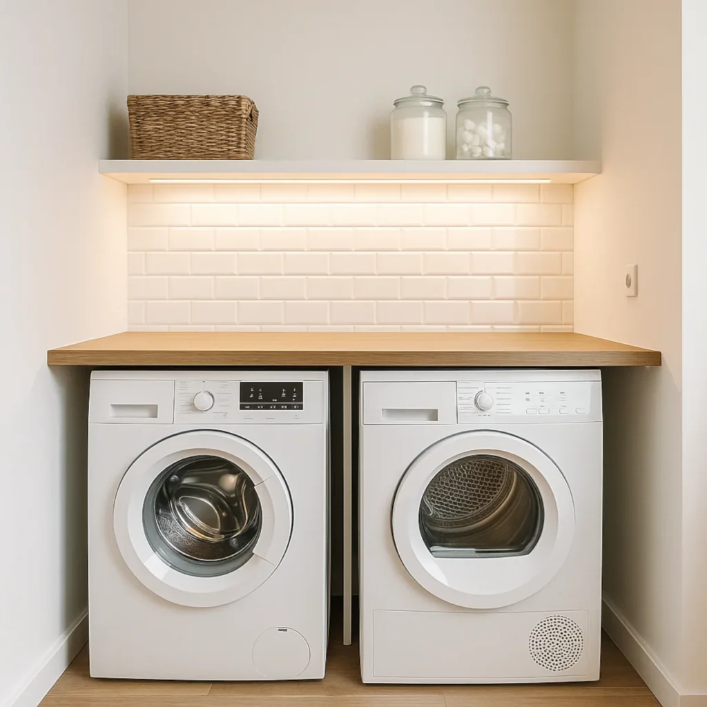 Blat nad pralką i suszarką w małej pralni – dębowy laminat HPL, półka i LED