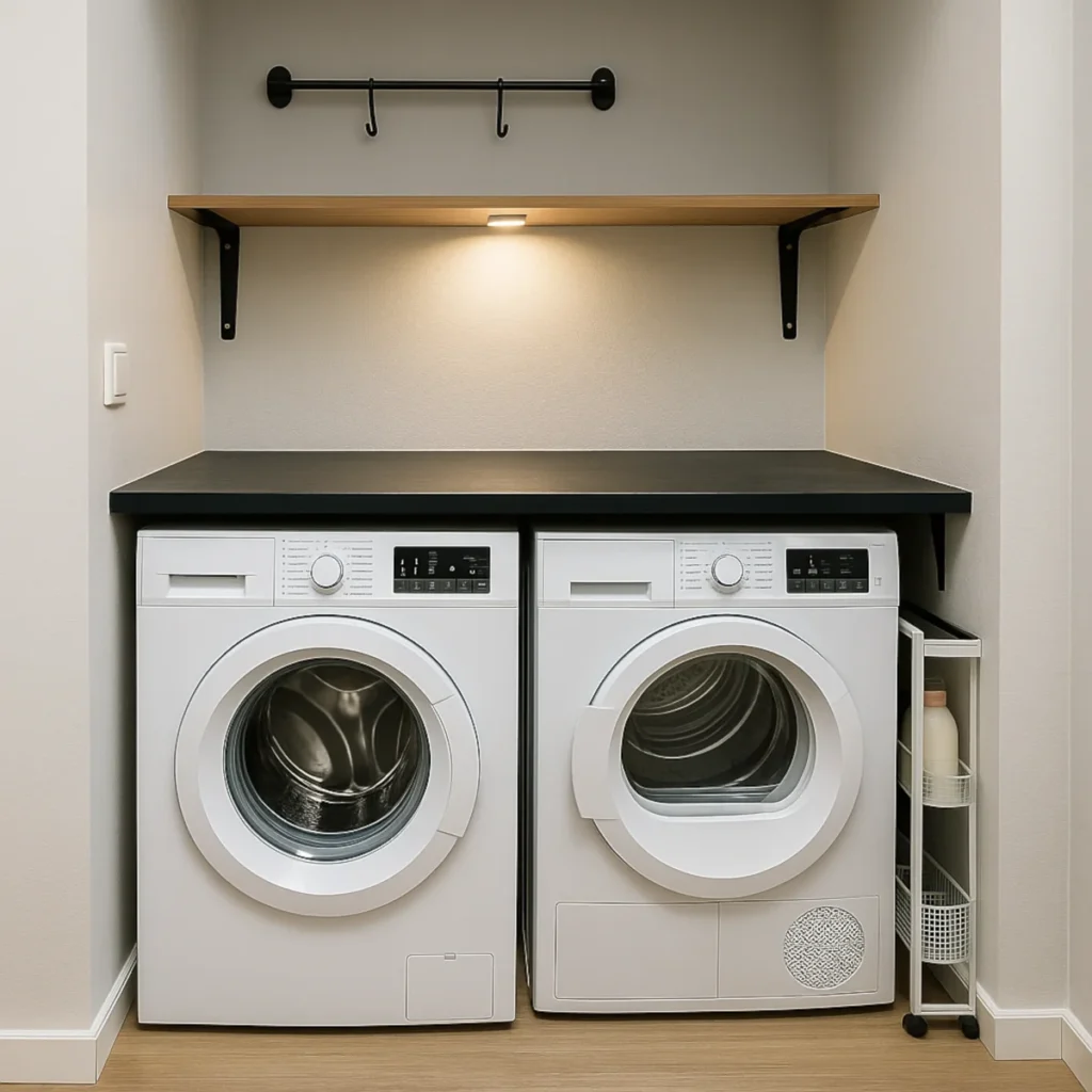 Blat nad pralką i suszarką w wąskiej wnęce – czarny kompakt, półka, hak i wózek cargo